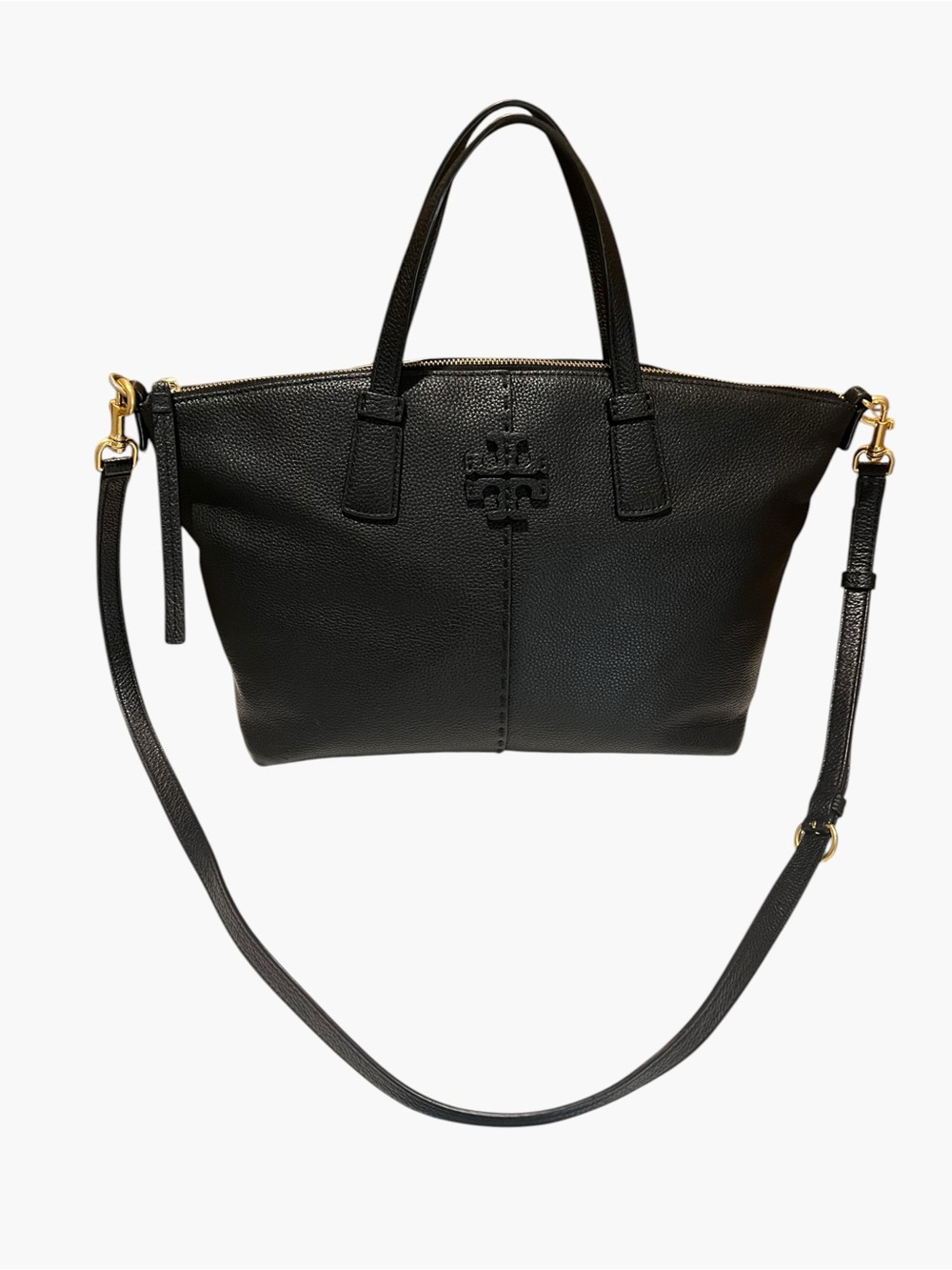 Tory Burch McGraw Top Zip Satchel Black Pebbled Leather Gold Hardware